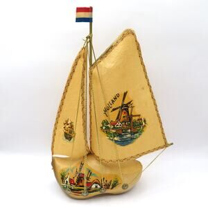 Vtg Holland Dutch 10" Wooden Clog Shoe Sailboat Figure Lamp Base Nautical Decor